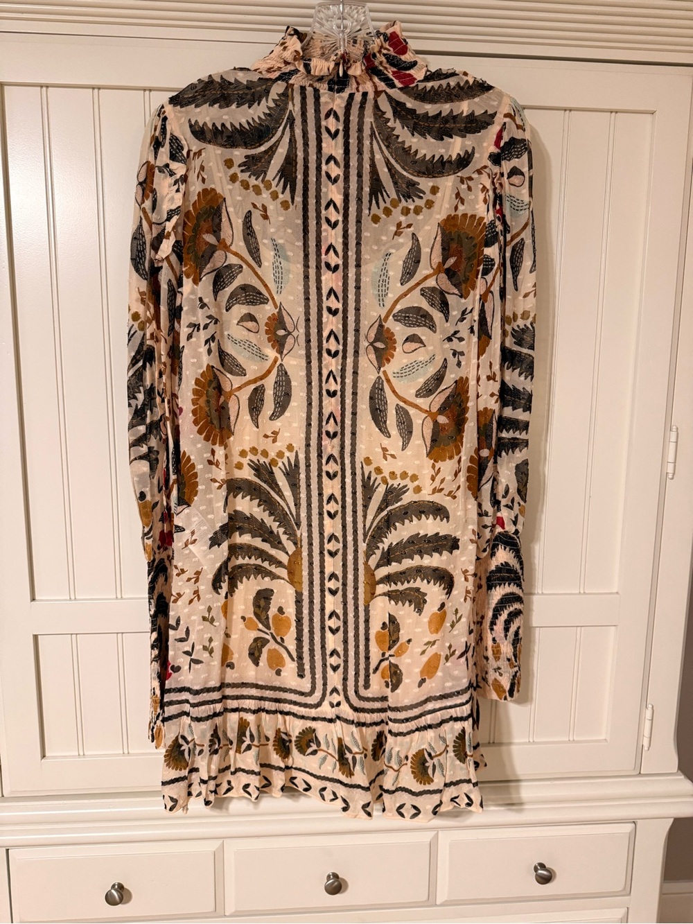 FARM Rio Palms Paradise Cream Floral Smocked High-Neck Long-Sleeve Mini Dress - Picture 12 of 15